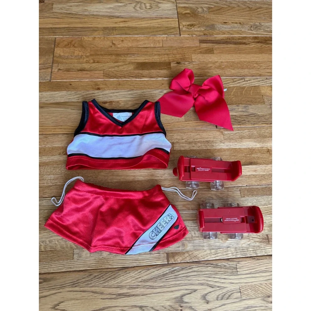 Cheerleader Outfit Set 2pc Top Skirt Red‎ with Red Bow and Red Skates- total 5pc